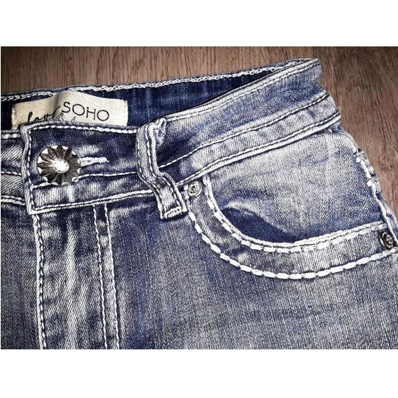 Love Soho Rhinestone Bling Flared Jeans Size 1 Distressed Denim Flares Wide Leg - Picture 4 of 7